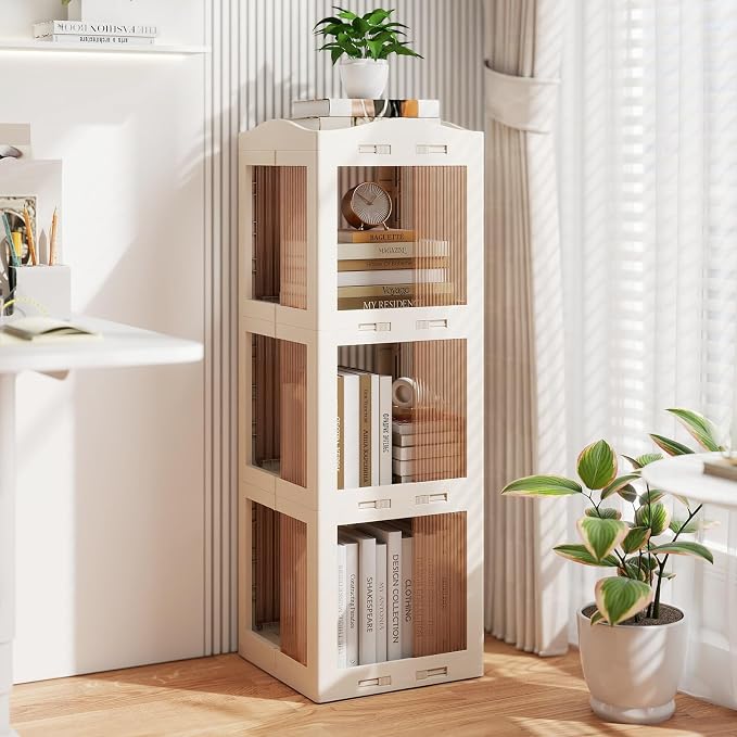 Giantex Foldable Rotating Bookshelf, 3-Tier Spinning Bookcase w/Swivel Base - Image 9