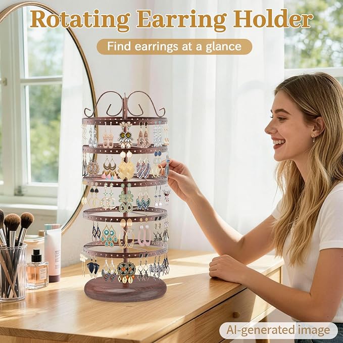 MODOWEY Rotating Earring Holder Organizer Stand, 5 Tiers Metal Tree, Bronze | - Image 2