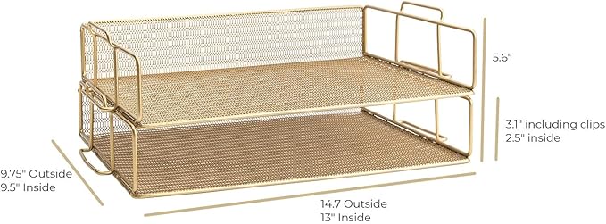 BLU MONACO Gold Mesh Paper Tray – Set of 2 Stackable Letter Trays – Durable - Image 6