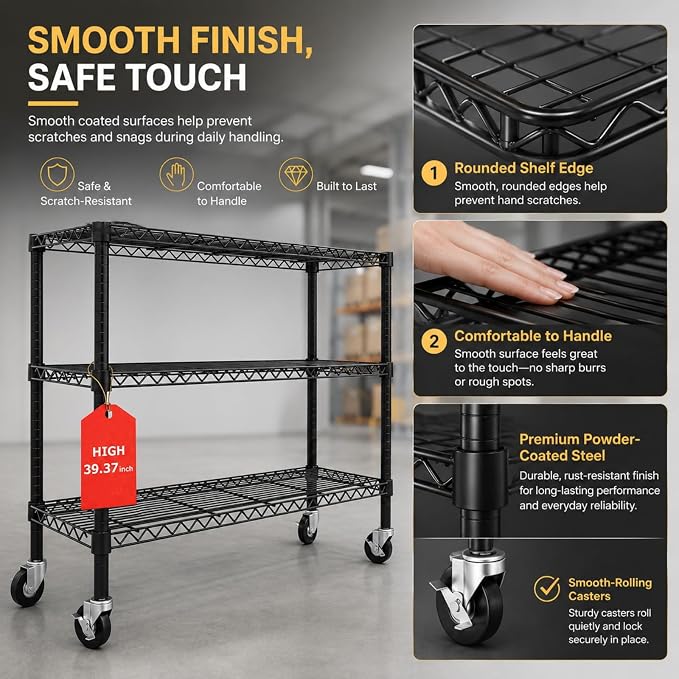 3 Tier Wire Shelving Unit with Wheels, Heavy Duty Metal Storage Shelf Rack - Image 8