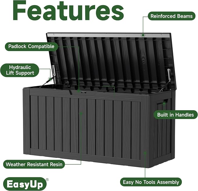 EasyUp 80 Gallon Outdoor Storage Box Waterproof, UV Resistant Resin Deck Box - Image 3