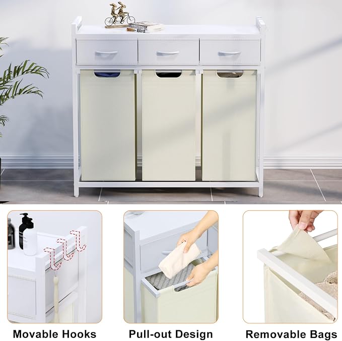 Laundry Hamper, Laundry Sorter 3 Section, Rolling Laundry Basket - Image 4