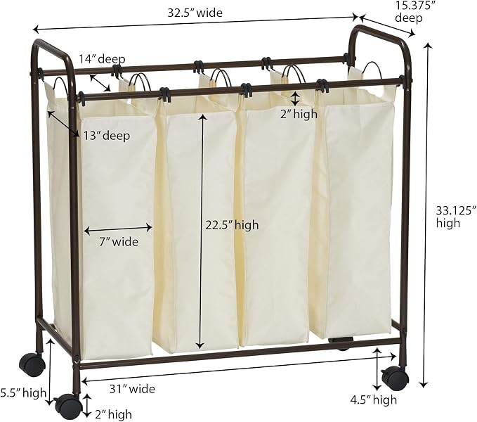 Household Essentials 7173 Rolling Quad Laundry Sorter - Image 8