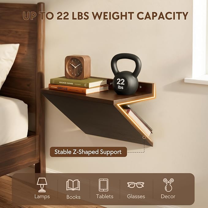 Floating Nightstands Set of 2, Wall Mounted Night Stand Walnut Wooden Bedside - Image 3