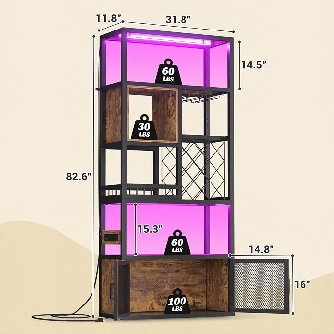 82.6" Tall Bar Cabinet with Power Outlets, 6-Tiers Reversible Wine Cabinet with - Image 3