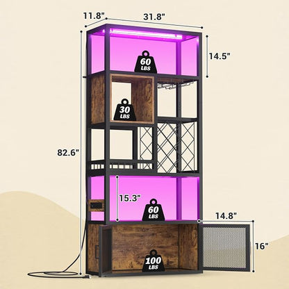 82.6" Tall Bar Cabinet with Power Outlets, 6-Tiers Reversible Wine Cabinet with - Image 3