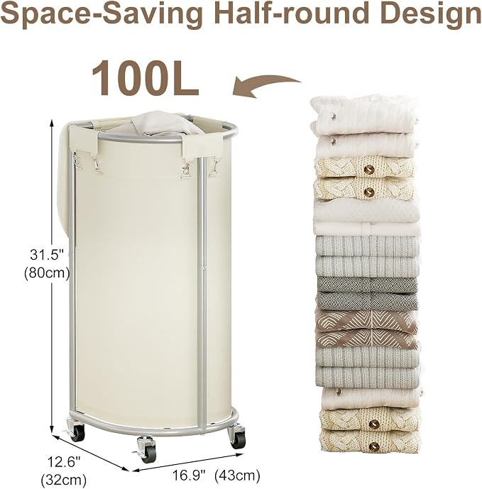 Rolling Laundry Basket with Lid, 100L Laundry Hamper with Wheels, Half Round - Image 3