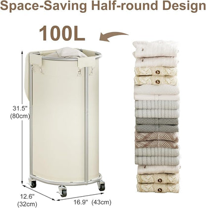 Rolling Laundry Basket with Lid, 100L Laundry Hamper with Wheels, Half Round - Image 3