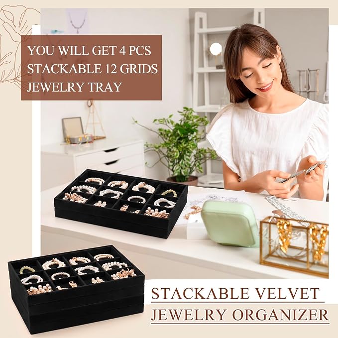 Cinnvoice 4 Pcs Stackable Jewelry Organizer Tray, 12 Grids Velvet Bracelet Ring - Image 3