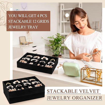 Cinnvoice 4 Pcs Stackable Jewelry Organizer Tray, 12 Grids Velvet Bracelet Ring - Image 3