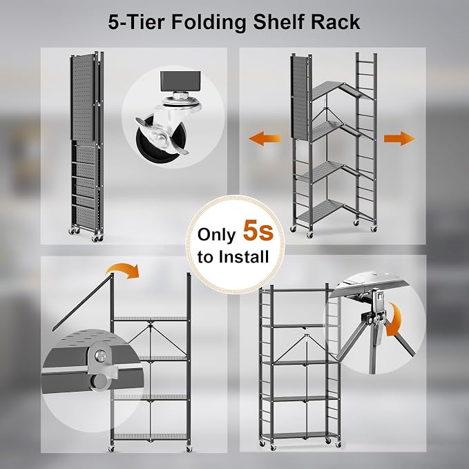 Himix Storage Shelves with 20 Hooks, 5-Tier Foldable Shelves - Image 5