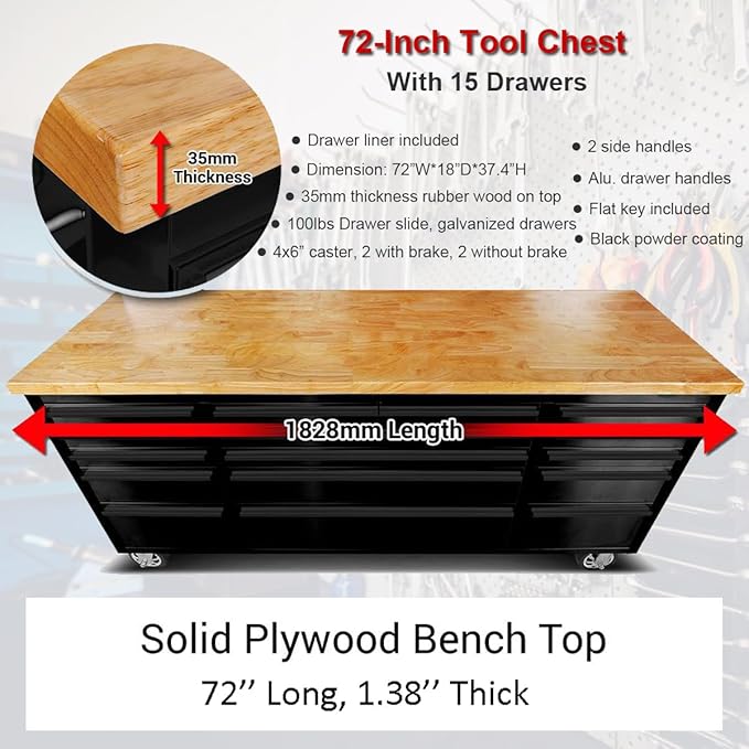 72" Rolling Tool Chest with 15 Drawers, Lockable Storage Cabinet, Assembled - Image 2
