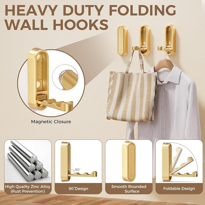 4-Pack Heavy Duty Zinc Alloy Folding Wall Hooks - Image 2