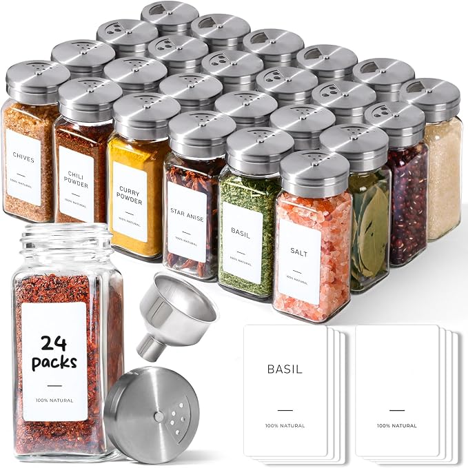 ComSaf Spice Jars with Shaker lids Adjustable, 4oz 24PCS，45 Labels, Comdiment by ComSaf