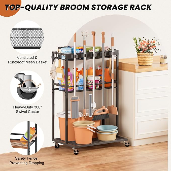 Broom Holder with Cleaning Supplies Organizer, Broom Closet Storage Cabinet - Image 5