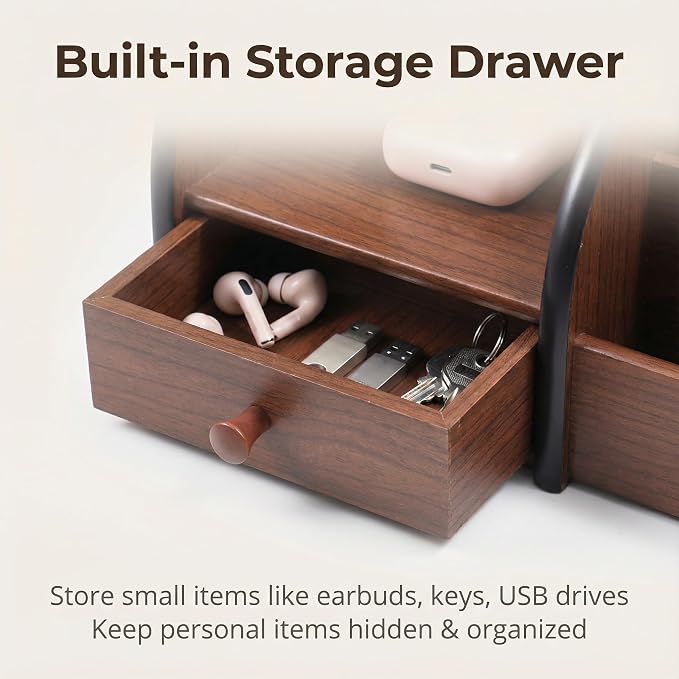 Wooden Desk Organizer with Drawer, Remote Control, Makeup & Accessories - Image 4