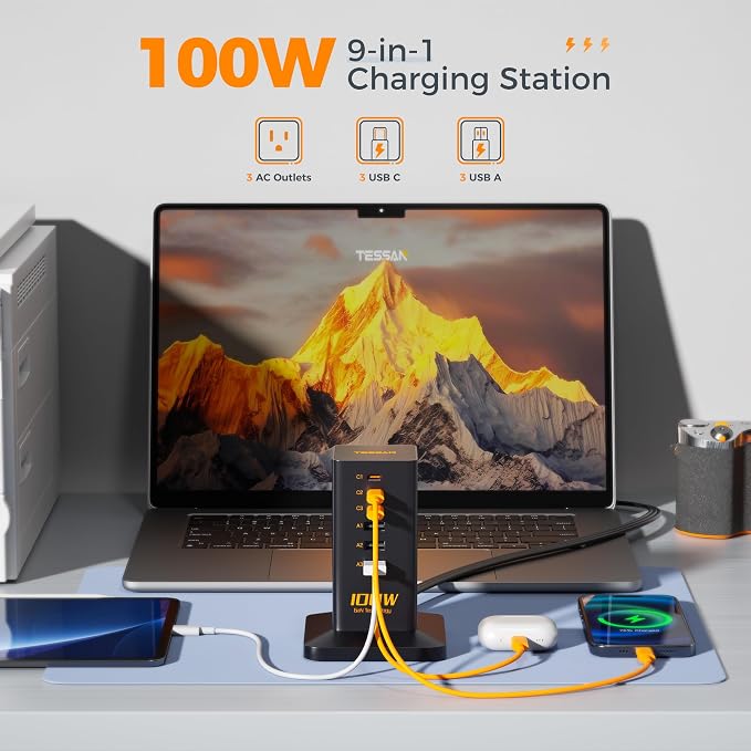 Charging Station PD 100W, TESSAN 9-in-1 USB C Power Strip - Image 3