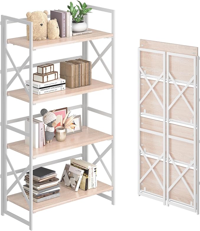 4NM 4 Tiers No Assembly Book Shelves, 41.3" H Folding Bookshelf Bookcase Open by 4NM