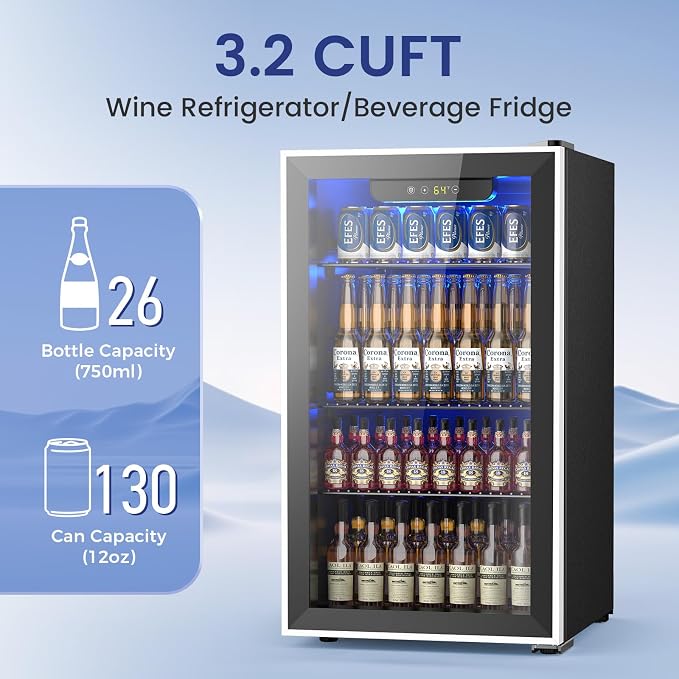 26 Bottle Wine Cooler 130 Can Beverage Refrigerator, Small Freestanding Cabinet - Image 3