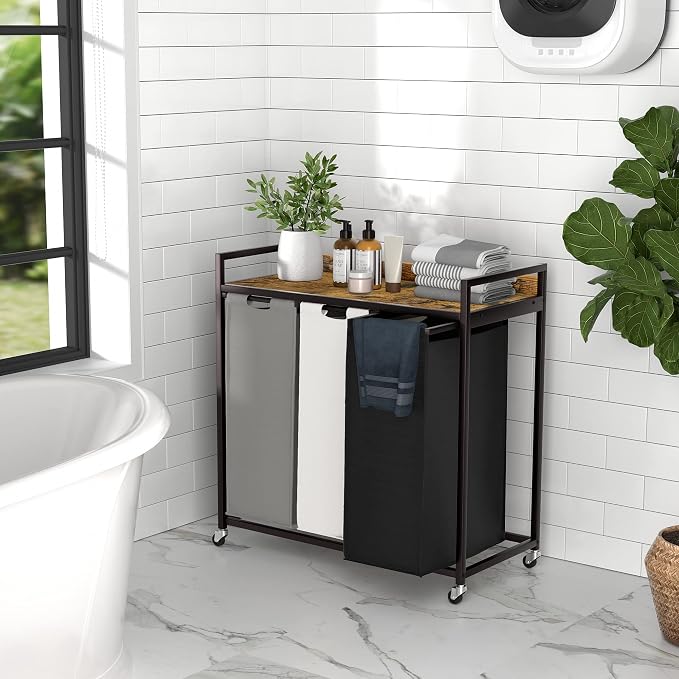 Laundry Hampers with Shelf, Laundry Basket 3 Section, Laundry Sorter with - Image 5
