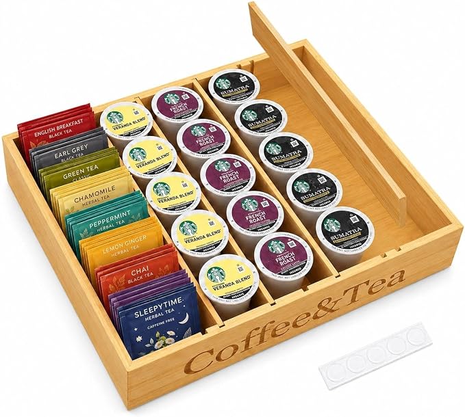 MinBoo Premium Bamboo Coffee Station & Tea Bag Organizer Box -7 Adjustable Slots by MinBoo