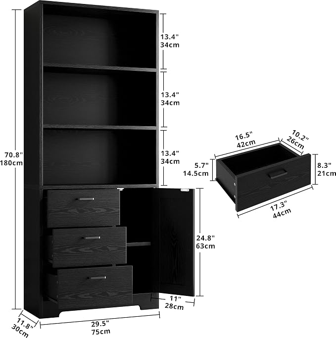 IRONCK Bookshelf with Door and 3 Drawers, 71in Tall Bookcase Shelf with 3-Tier - Image 3