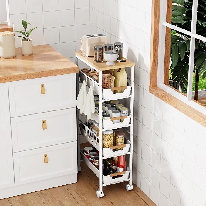 5-Tier Slim Storage Cart, Wooden Top Rolling Kitchen Cart - Image 2