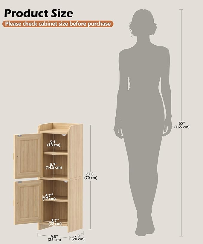 Akxomel Rattan Small Bathroom Cabinet Narrow Toilet Paper Organizer Oak | - Image 2