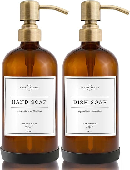 Vine Creations Amber Glass Soap Dispenser, 2 Pack Kitchen Soap Dispenser Set by VineCreations