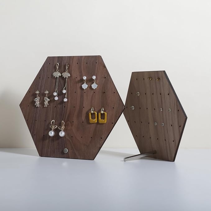 GemeShou Hexagonal Earring Organizer stand, Walnut Plywood Jewelry Display Board - Image 9