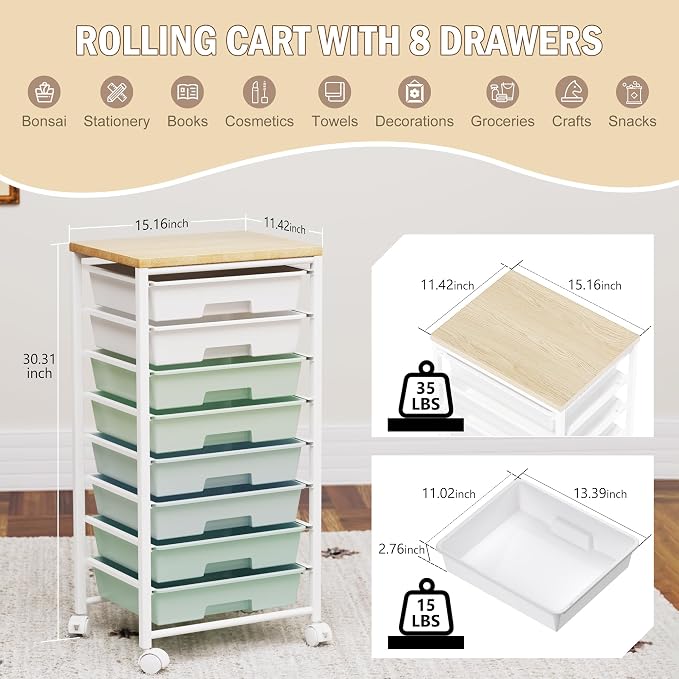 Rolling Cart with 8 Drawers, Storage Drawers Cart with Wooden Tabletop and - Image 2