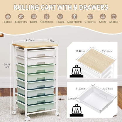 Rolling Cart with 8 Drawers, Storage Drawers Cart with Wooden Tabletop and - Image 2