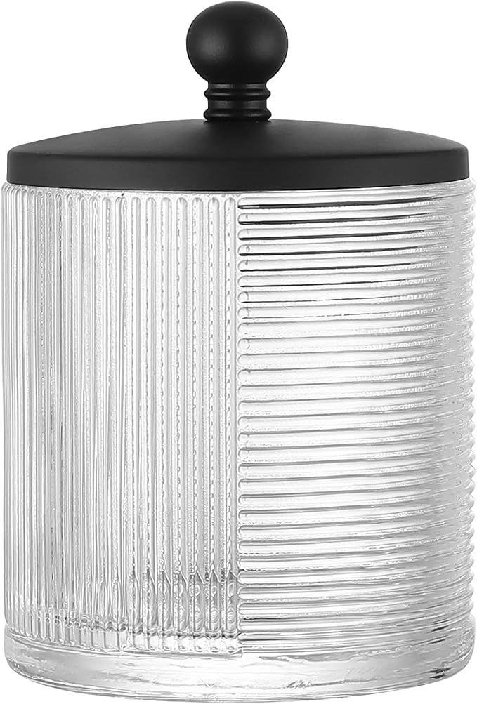 Clear Transparent Apothecary Ribbed Geometric Etched Glass Jar W/Matte Black by IndecorHome