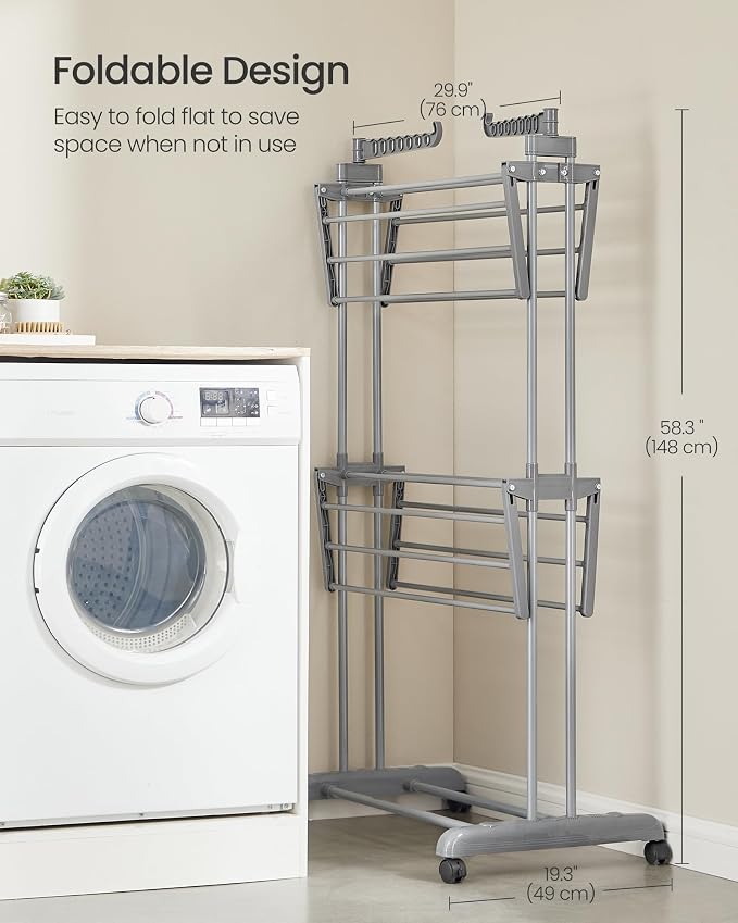 SONGMICS Clothes Drying Rack 3-Tier, Foldable Laundry Drying Rack 58.3-Inch Tall - Image 7