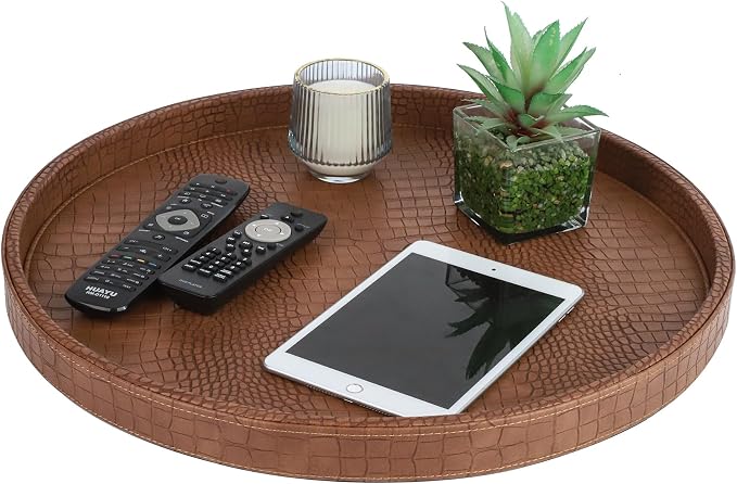 HofferRuffer Round Serving Tray 20'', Elegant Faux Leather Circle Ottoman Table - Image 3