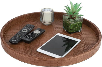 HofferRuffer Round Serving Tray 20'', Elegant Faux Leather Circle Ottoman Table - Image 3