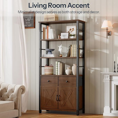 HOOBRO Bookshelf with Doors, Rustic Bookshelf with Drawers, Industrial Display - Image 3