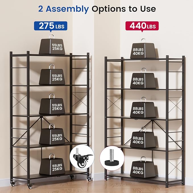 ALANNG 40" W Foldable 5-Tier Storage Shelves on Wheels Adjustable | Removable - Image 4