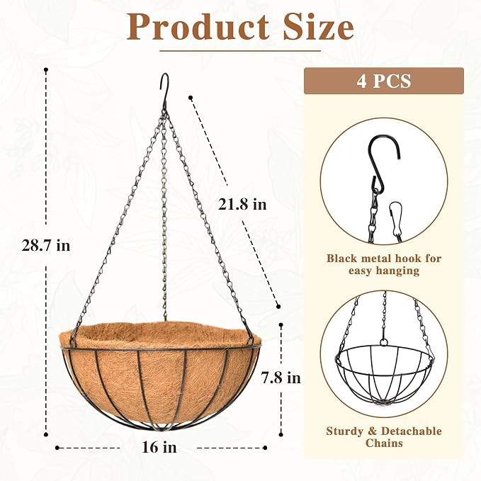4 Pack Hanging Planter for Outdoor Plants 16 inch Metal Hanging Flower Basket - Image 5
