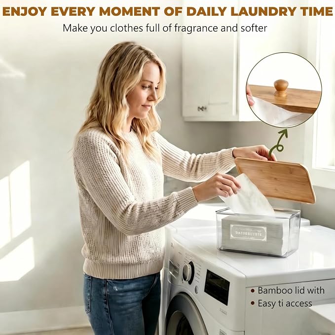 Dryer Sheet Holder with Bamboo Lid, Acrylic Laundry Clear Dryer Sheets - Image 2