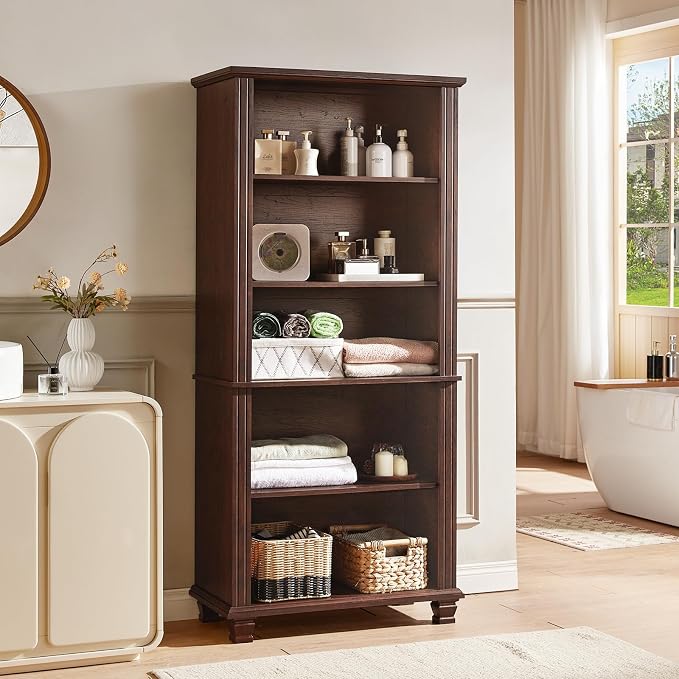 70" Tall Walnut Bookshelf, 5 Tier Wooden Book Shelf - Image 7