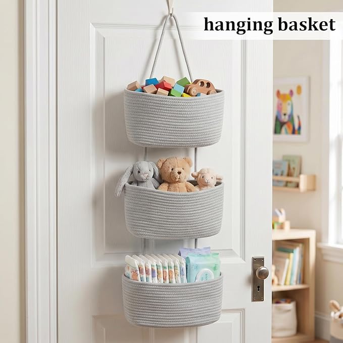 TeoKJ Over the Door Hanging Basket, 3-Tier Woven Cotton Wall-Mounted Storage - Image 4