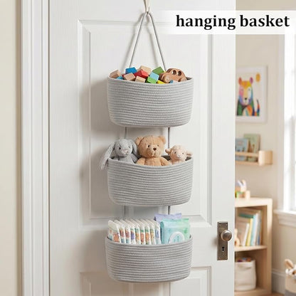 TeoKJ Over the Door Hanging Basket, 3-Tier Woven Cotton Wall-Mounted Storage - Image 4