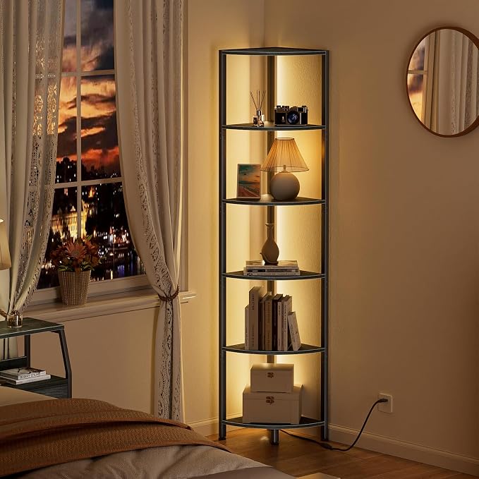 6 Tier Corner Shelf with LED Light, 67.5" Black Narrow Bookshelf | Tall - Image 3