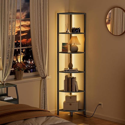 6 Tier Corner Shelf with LED Light, 67.5" Black Narrow Bookshelf | Tall - Image 3