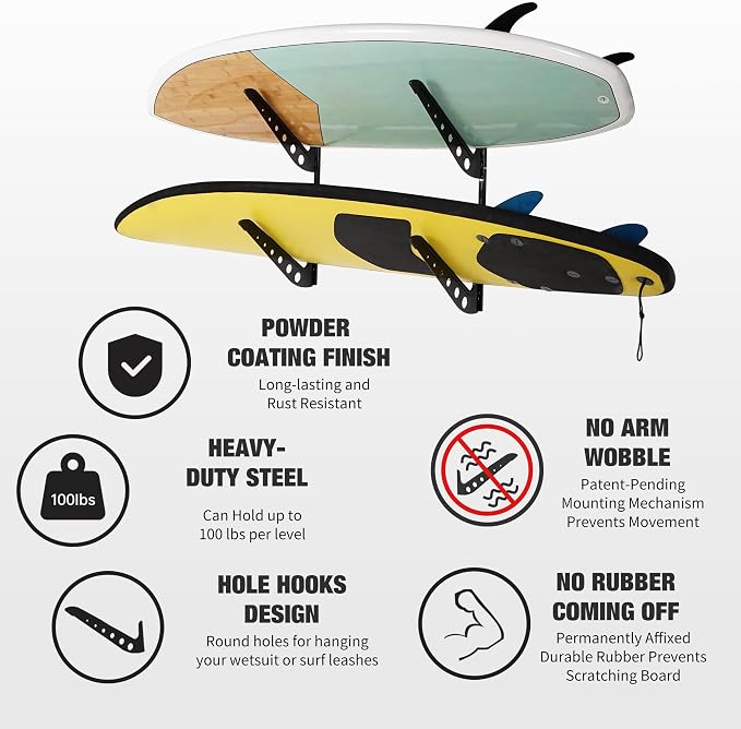 2 Board Surf Rack Wall Mount for Surfboard, Snowboard Storage Adjustable Wall - Image 3
