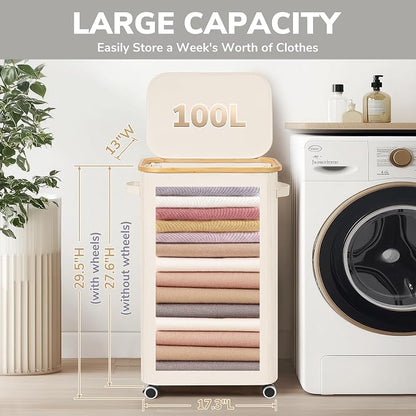 Goodpick Laundry Basket with Wheels, Large Laundry Hamper with Lid 100L Clothes - Image 3