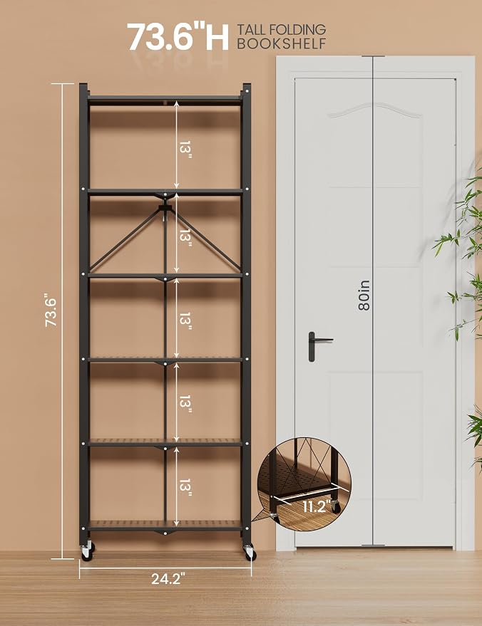 ALANNG 73.6 Inch Folding Bookshelf, 6 Tier Metal Bookcase and Bookshelves | - Image 3