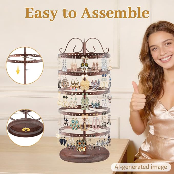 MODOWEY Rotating Earring Holder Organizer Stand, 5 Tiers Metal Tree, Bronze | - Image 7