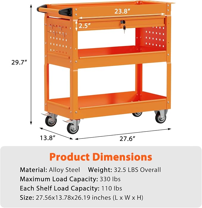 3 Tier Rolling Tool Cart with Drawers, Heavy Duty Utility Cart on Wheels - Image 7